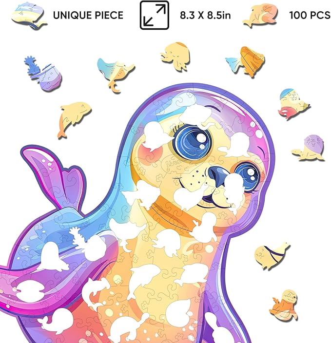 Wooden Puzzles for Adult and Kids, 100 Pieces Ocean Puzzle, Unique Shaped Sea Lions Wooden Preschool Puzzle, Toddler Wooden Puzzle Toy Gift for Family and Friends, Suitable for Family Games