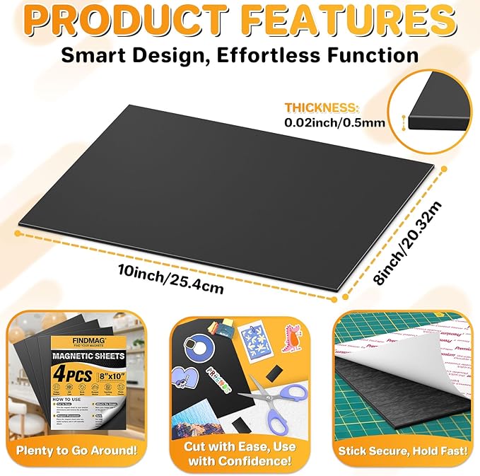 FINDMAG Magnetic Sheets, Flexible Magnets with Superior Adhesive Backing, Cut & Customize Magnet Sheet Set for Creating Magnetic Photo, Crafting, Organizing, and DIY Projects - 4 Pack (8" x 10")