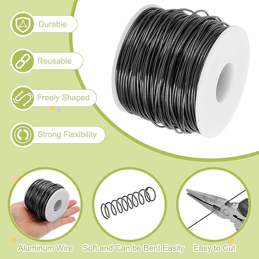 MECCANIXITY 15 Gauge Anodized Aluminum Craft Wire Bendable Bonsai Training Wire 223 Feet 1.5mm for Sculpting Crafts Wreath Floral Beading Jewelry Making, Black