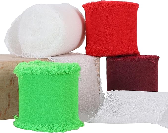 TONIFUL 4 Rolls Silk Chiffon Ribbon 1-1/2 Inch x 22 Yards, Bright Red and Green Handmade Fringe Silk Ribbon Set for Gift Wrapping Flowral Bouquets Crafts Christmas Wreath Elf-Themed Party Decoration