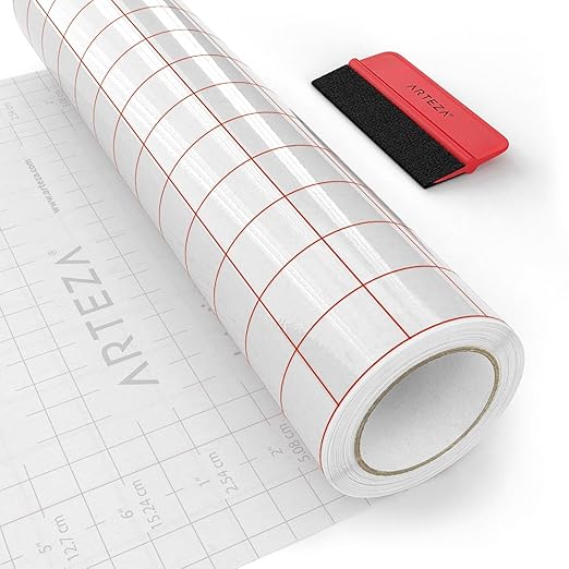 ARTEZA Ultra Clear Transfer Tape Paper with Grid & Squeegee, 12 Inch Wide x 25 Foot Long Roll, for Alignment & Transfer of Adhesive Vinyl for Decals, Signs, Walls, Windows & Smooth Surfaces