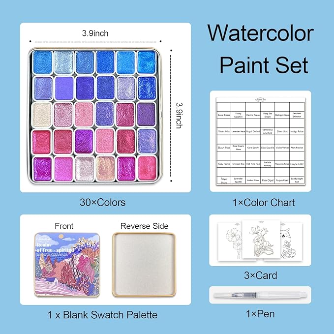 Mini Shifting Watercolor Paint Set, 30 Color Glitter Watercolor Painting Kit, Metallic Watercolor Paints, Solid Water Colors Paint Adult Set, Detail Paint Brush Included, for Artists