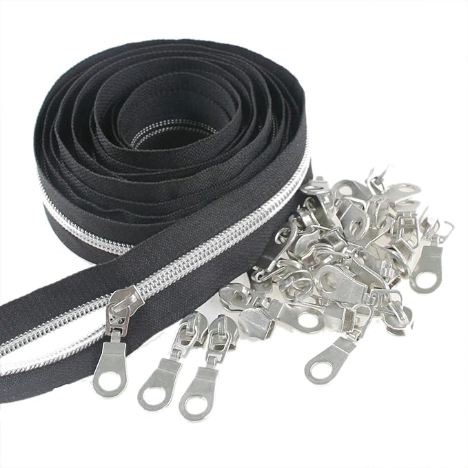 Leekayer #5 Silver Metallic Nylon Coil Zippers by The Yard Bulk 10 Yards Black Tape with 25pcs Silver Sliders for DIY Sewing Tailor Craft Bag(Black)