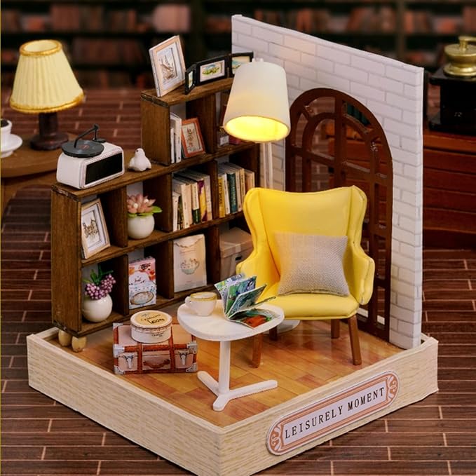 DIY Miniature House Kit, Mini House Building Kit with LED & Dust Cover, DIY Wooden Dollhouse Miniature Kit for Adults Teen, Wooden Crafts Lovely Dollhouse Kit, Leisurely Moment