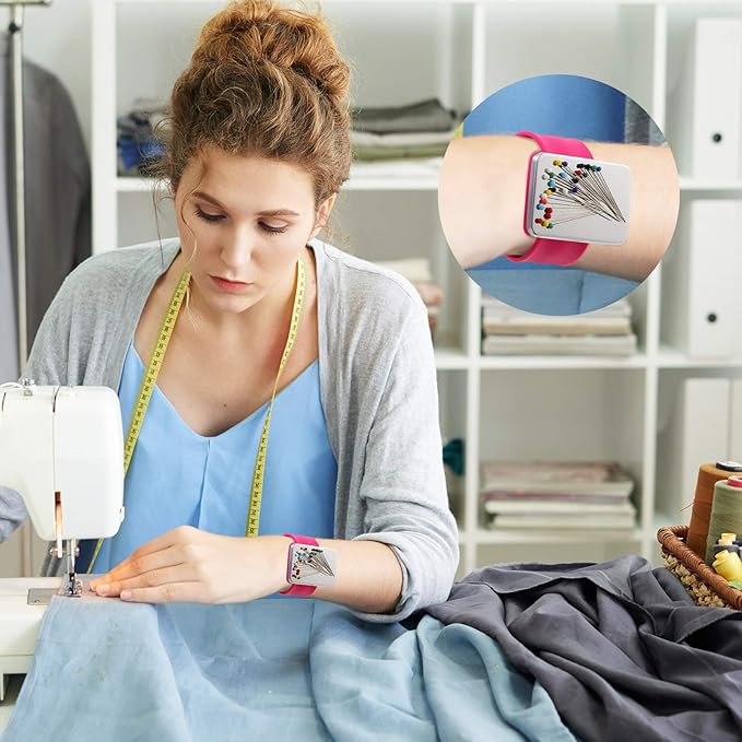 Magnetic Wrist Sewing Pincushion with 100 Pieces 1.5 Inch Ball Head Sewing Pins Set Wrist Magnetic Pin Holder Gift Supplies(Rose Red)