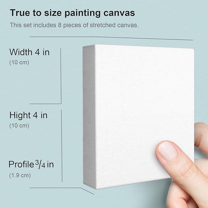 PHOENIX 4x4 Inch 8 Pack Artist Canvas - Small Square Stretched Canvases for Painting - 3/4 Inch Profile, 100% Cotton 11 Oz. Gesso Primed White Blank Professional Canvas Oil & Acrylic Paints