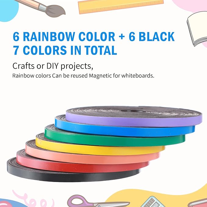 12 Rolls Magnetic Tape Roll Thin Strips, 1/4 Inch x 33 Feet Magnetic Board Dividers Whiteboard Graphic Decorative Tape Marking Line for Classroom Office Art Accessories