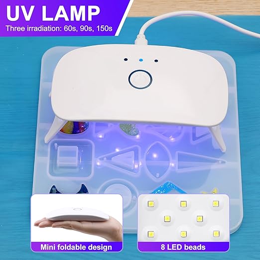 KISREL UV Resin with Light - 200g Upgraded Hard Type Crystal Clear Ultraviolet Curing UV Resin Kit, 8 Lamp Beads UV Light, Resin Kit with Light for Craft Jewelry Making