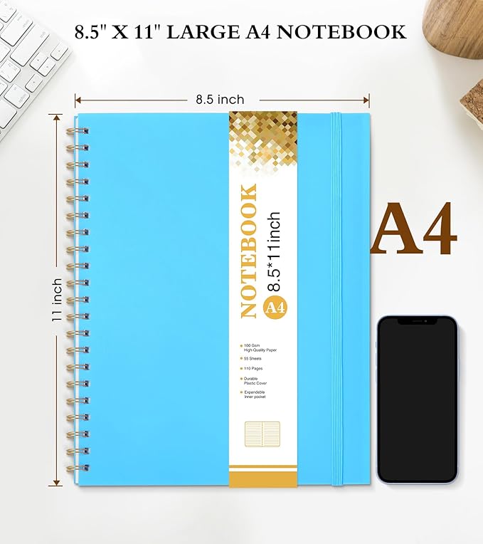 Spiral Notebook Journal 8.5” x 11”, Lined Notebooks for Women Men, A4 Large College Ruled Journal, 100 GSM Paper, Plastic Hardcover Spiral Bound Journals for Work School Business, Blue