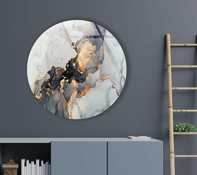 My Photostation.com 20''(50cm) Diameter Gold Details Gray Marble Round Glass Wall Art Tempered Glass Printing Wall Decor Large Wall Art Wall Hangings