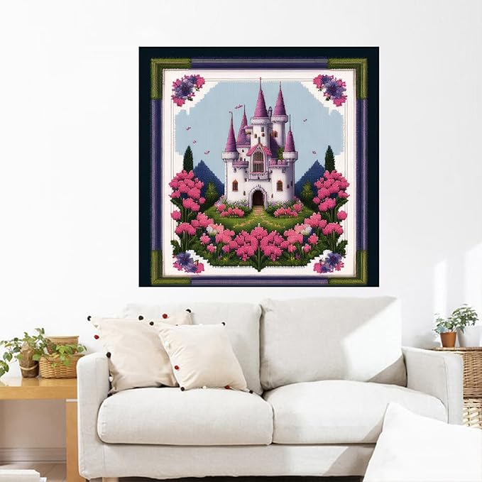 Joyhoor Cross Stitch Kits for Beginners Stamped Cross-Stitch Supplies Needlework preprint Embroidery Kits for Adults DIY Needlepoint Kits Embroidery Patterns 11CT-Colorful Castle 17.7x17.7 inch