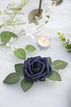 Floroom Artificial Flowers 25pcs Real Looking Navy Blue Foam Fake Roses with Stems for DIY Wedding Bouquets Bridal Shower Centerpieces Party Tables Home Decorations