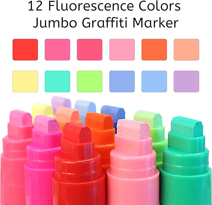 Jumbo Graffiti Poster Markers Set: 12 Neon Colors Large 15mm Wide Tip Permanent Ink Thick Acrylic Paint Pens for Rock Painting, Stone, Glass, Wood, Ceramic, Metal, Plastic, Fabric
