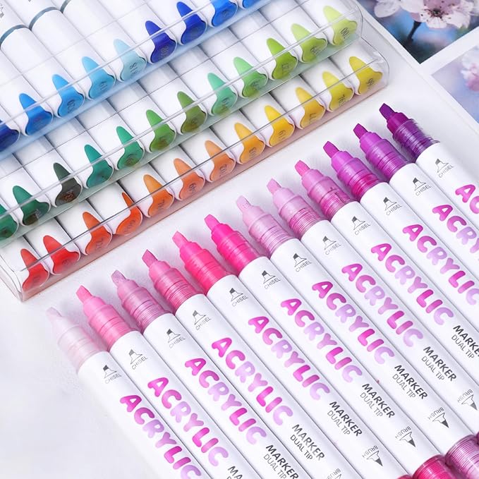 kander 12 Colors Dual Tip Acrylic Paint Markers, Purple Color — Extra Fine & Soft Brush Pen Set with Direct Ink Flow for Sketching, Detailing, Coloring on Wood, Canvas, Rock, Glass, DIY Crafts