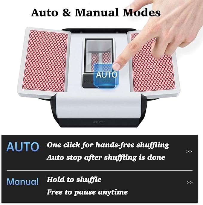 Automatic Card Shuffler, 1-2 Deck Playing Cards Shuffler, One Press Auto or Manual Shuffling Machine, Quiet for UNO Blackjack Bridge Phase 10 Skip-Bo, Rechargeable Portable for Travel, No Jams