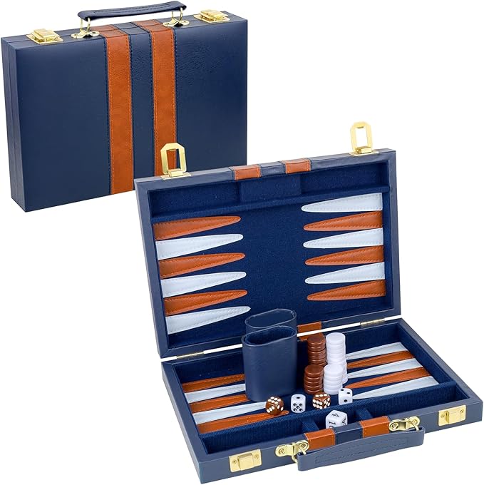Backgammon Set 2 Players Classic Backgammon Sets for Adults Board Game with PU Leather Case Portable and Travel Backgammon Set (Navy, 11inch)