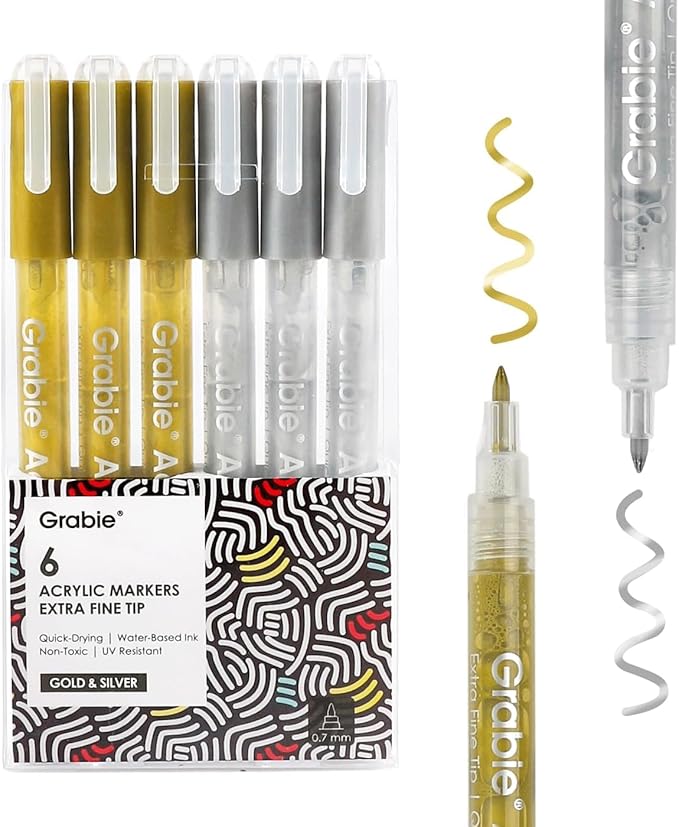 Grabie Gold&Silver Extra Fine Tip Acrylic Paint Marker Set, 6 Pack Gold Paint Markers, 0.7mm Acrylic Paint Pens for Black Paper, Halloween Pumpkin, Christmas DIY, Silver Pen(Gold&Silver)