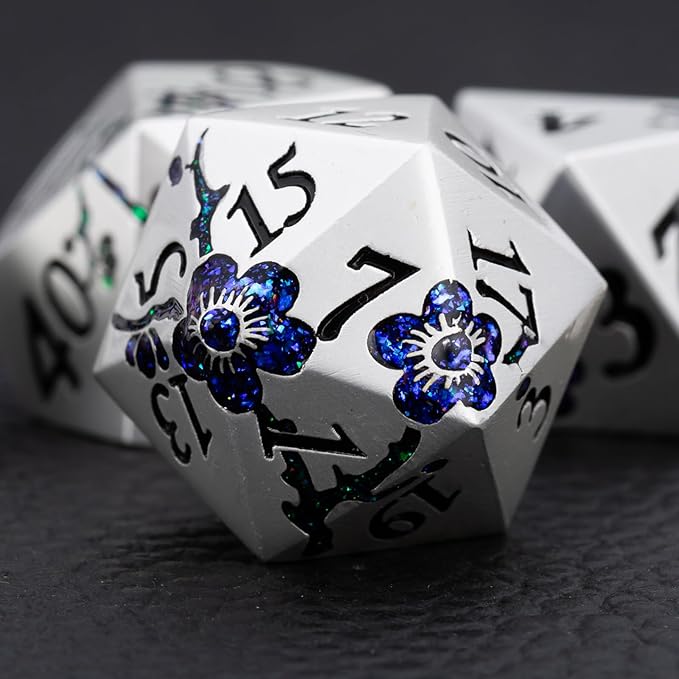 7 PCS Solid Metallic Flower D&D Dice Set,Metal Dungeons and Dragons Dice Set with Gift Box for DND Tabletop Game (Silver-Seven Colour Brocade)