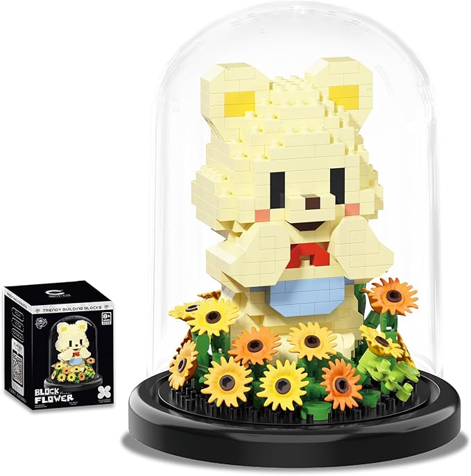 Artificial Flower Animal Toy Building Set for Adults,Mini Bear Plant Bonsai Tree,Botanical Collection Gift for Kids,Office Home Decor Building Block,Birthday Gift for Girls Women Mom(Sunflower)