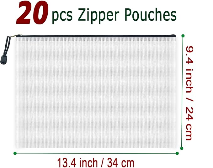 AUSTARK 20 Pcs Zipper File Bags, Plastic Mesh Pouch, Board Game Storage Bag, Waterproof Bags for Office School (A4 Size 13.4''x9.4'', White and Black)
