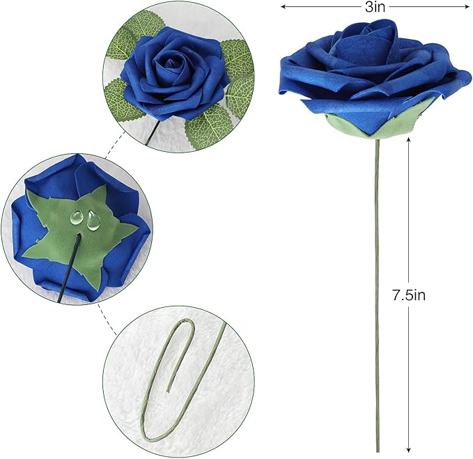 AmyHomie Artificial Flower Royal Blue Rose 25pcs Real Looking Fake Roses w/Stem for DIY Wedding Bouquets Centerpieces Arrangements Party Baby Shower Home Decorations