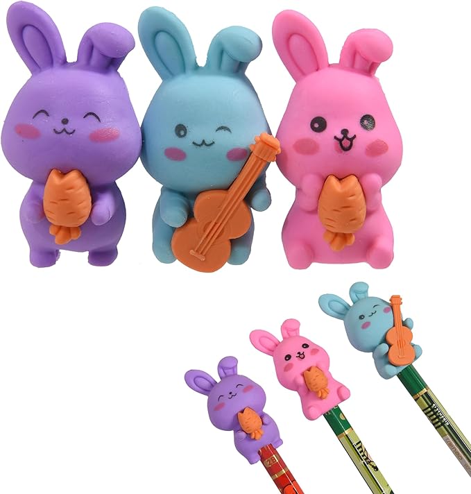 HILAZA 18Pcs Pencil Top Erasers for Kids, 3D Cute Rabbit Pencil Toppers, Bulk Fun Pencil Cap Easters for School Classroom Supplies Prize Gifts Party Favors