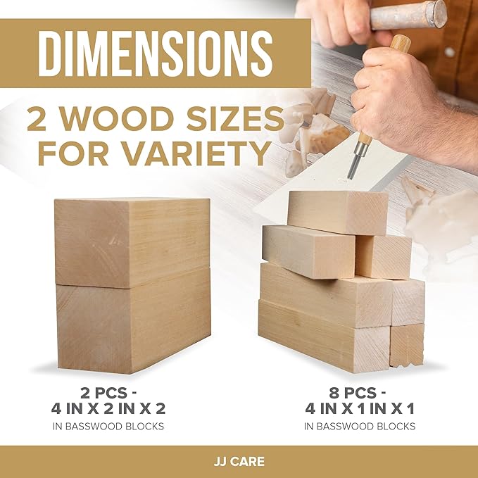 JJ CARE Wood Carving Kit [8 SK7 Carving Knives with Beechwood Handle, 10 Basswood Carving Blocks, and 1 Grinding Stone] - Beginner Wood Carving Kit, Wood Carving Tools Set, Wood Carving Set for Kids