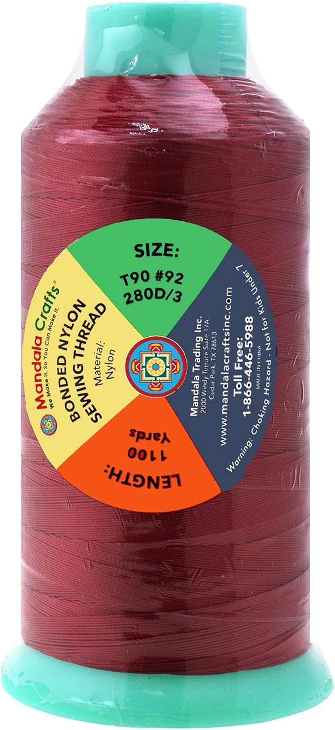 Mandala Crafts Bonded Nylon Thread Maroon Heavy Duty Sewing Threads - 1100 YDs Size 92 280D T90 Tex 90 Thread for Leather Jeans Weaving Outdoor Marine Upholstery Threads