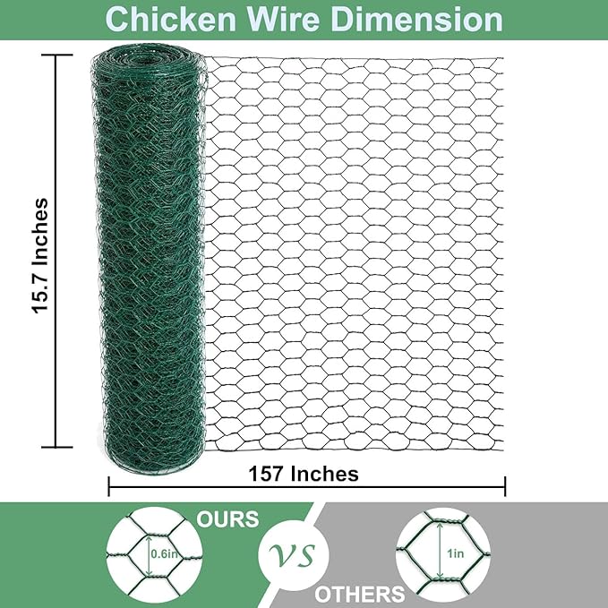 Chicken Wire for Floral Arrangements, 15.7 x 157 Inches Green Mesh, 0.6 Inch Hexagonal Galvanized PVC Coated Netting Fence for Crafts, Poultry, Garden