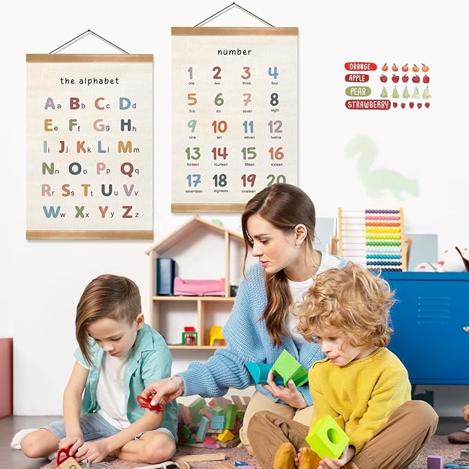 ZTGDA Alphabet Numbers Poster Set of 2, Alphabet Numbers Wall Art, ABC Banner Poster, Banner Wall Hanging Decor for Toddler Room Playroom Nursery Wall Classroom Decor (12x16inch ABC&123)