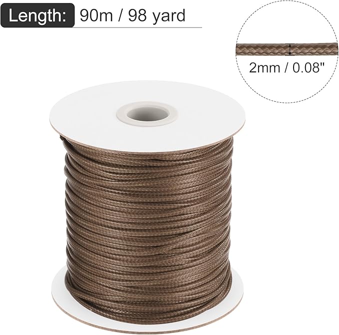 MECCANIXITY Waxed Cord 2mm Waxed Polyester Cord 98 Yard Wax String for Bracelet Making, Necklaces, Beading, Jewelry Making and DIY Crafts(Brown)