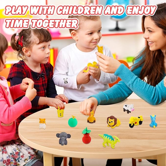 130Pcs Animal Erasers Kids Desk Pets Pencil Erasers 3D Puzzle Bulk Mini Animal Food Eraser Toys Fun Cute Eraser for Classroom Rewards, Game Prizes, Treasure Box, Easter Egg Fillers