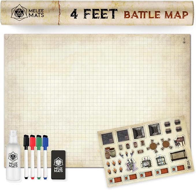 Melee Mats DND Map Starter Kit for Dungeons & Dragons Game - 35” x 48", Wet/Dry Erase Battle Terrain Grid - Ultimate Tabletop Gaming Experience with Accessories