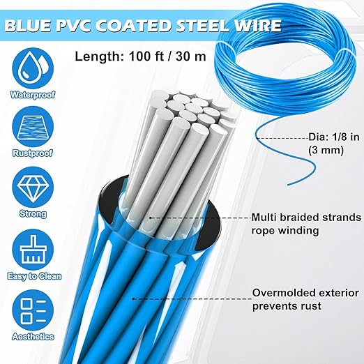 Turnbuckles for Cables Wire, 1/8" X 100Ft Blue PVC Coated Wire Rope Kit, Multi-use Steel Cable for Grape Vines/Clothes Line Outdoors for T Post/String Light Hanging/Garden Wire