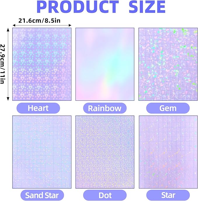 36 Sheets Holographic Sticker Paper, Clear Vinyl Lamination Sticker Film Self Adhesive, Transparent Overlay Laminate Sticker Paper Waterproof-Gem/Dots/Sand Star/Rainbow/Star/Heart, 8.5x11 Inch