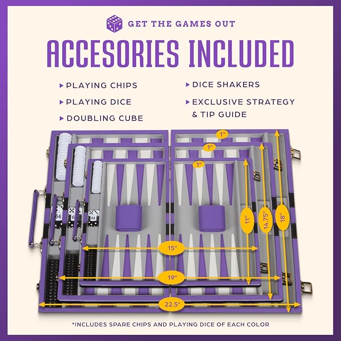 Get The Games Out Backgammon Set, Classic Board Game Case, 2 Players, Includes Strategy & Tip Guide, Perfect for Parties and Family Game Nights -Small, Purple