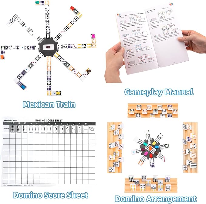 Mexican Train Dominoes Set with 8 Wooden Holders, Double 12 Colored Dot Dominoes with Update Hub, Travel Domino Train Game with 91 Tiles and Portable Carry Case, Family Board Team Games