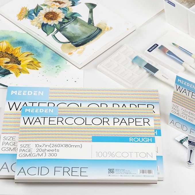 MEEDEN Watercolor Paper Block, 100% Cotton Watercolor Paper Pad of 20 Sheets, 140lb/300gsm, Acid-Free Art Paper for Watercolor, Gouache, Ink and More, 10" x 7" Rough Grain