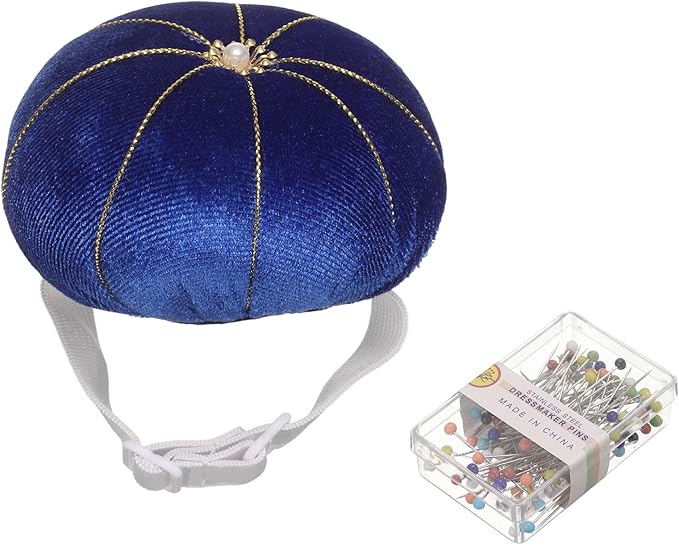 HARFINGTON Wrist Pin Cushion Wristband Sewing Pincushion Polyester Pin Holder Wearable Pumpkin Shaped Needles Wristband with 100 Head Needles for Sewing Quilting DIY Crafts, Blue