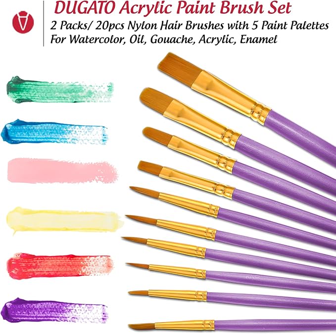 Halloween Paint Brushes Palettes Set by DUGATO, 2 Packs/20pcs Round Pointed Tip Nylon Hair Brushes with 5 Paint Trays for Acrylic Watercolor Oil Gouache Tempera and Body Painting (Purple)