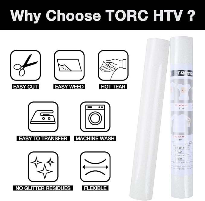 TORC White Glitter HTV Heat Transfer Vinyl Roll 12 inch x 5 ft Iron on Vinyl for T Shirts Crafts