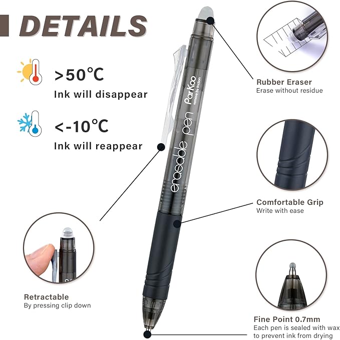 ParKoo Retractable Erasable Gel Pens Clicker Fine Point 0.7 mm, No Need for White Out, Black Ink for Completing Sudoku and Crossword Puzzles, 12-pack