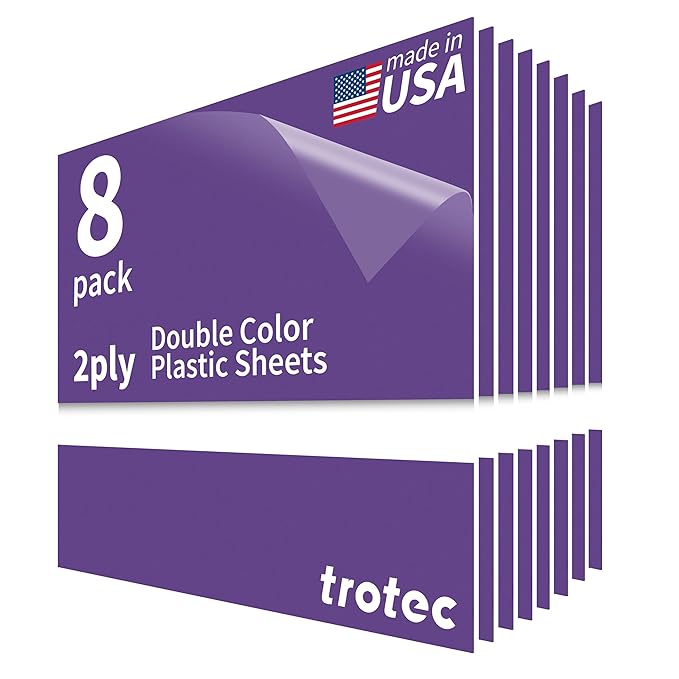 Trotec TroLase | 12"x12"x1/16", 8 Pcs | Purple/White | 2 Ply | Modified Acrylic | Laser Engraving Double Color Plastic Sheet | Engraving Blanks for Laser, Saw, Guillotine | Made in USA