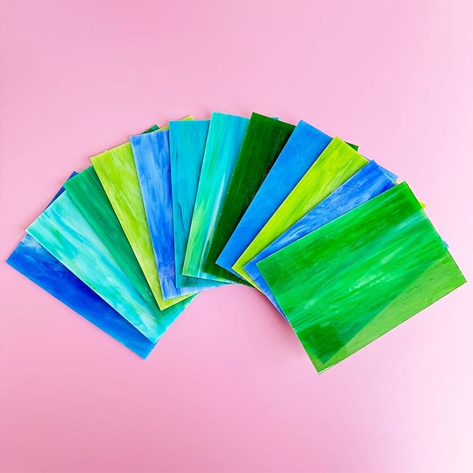 ILLUCKAI 12 Sheets Blue+Green Stained Glass Sheets Variety Pack, 6 x 4 inch Stained Glass Kit Supplies for Mosaic Glass Projects