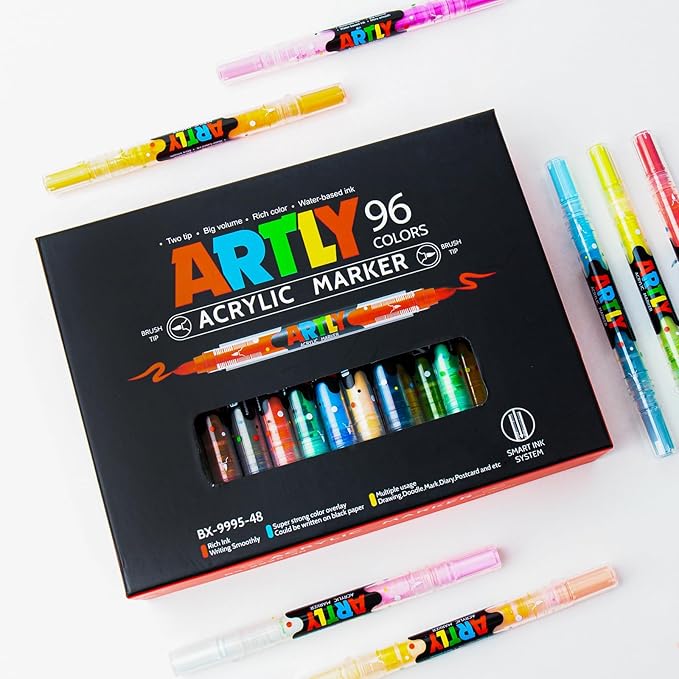 96 Colors Paint Markers, Dual-Color Acrylic Pens with Brush Tips, Double Tipped for Rocks & Art Supplies (48pcs/96colors)