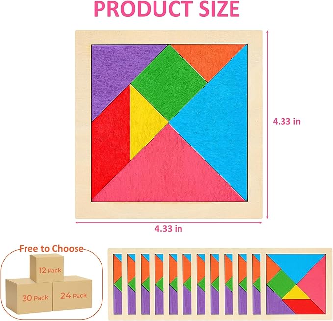 30 Pack Tangram Puzzle Wooden Kids Party Favors, Goodie Bags Stuffers for Kids, Return Gifts for Birthday Party, Classroom Prizes Rewards Bulk Gifts for Students