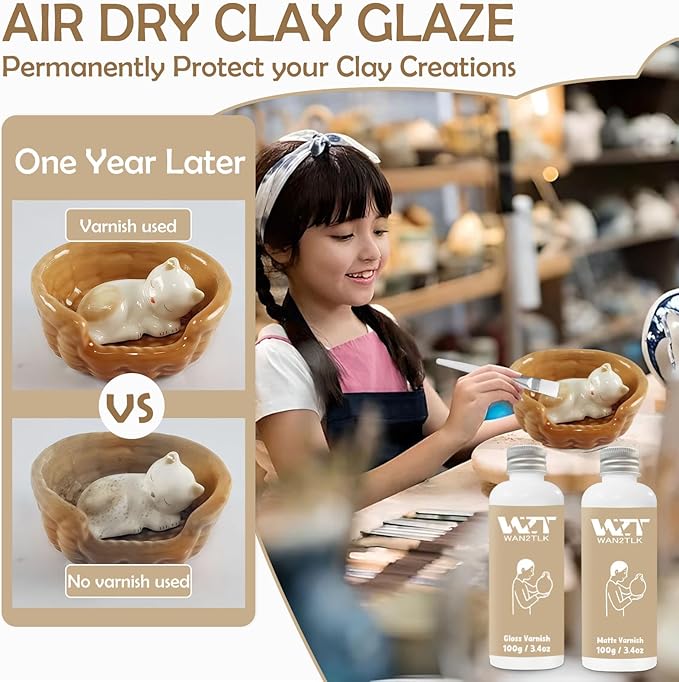 Air Dry Clay Glaze & Varnish 2-Pack (Matte & Gloss) - 100ml Each with Brush, Waterproof & Scratch Resistant Gloss Clay Varnish for Pottery/DIY Crafts/Sculptures