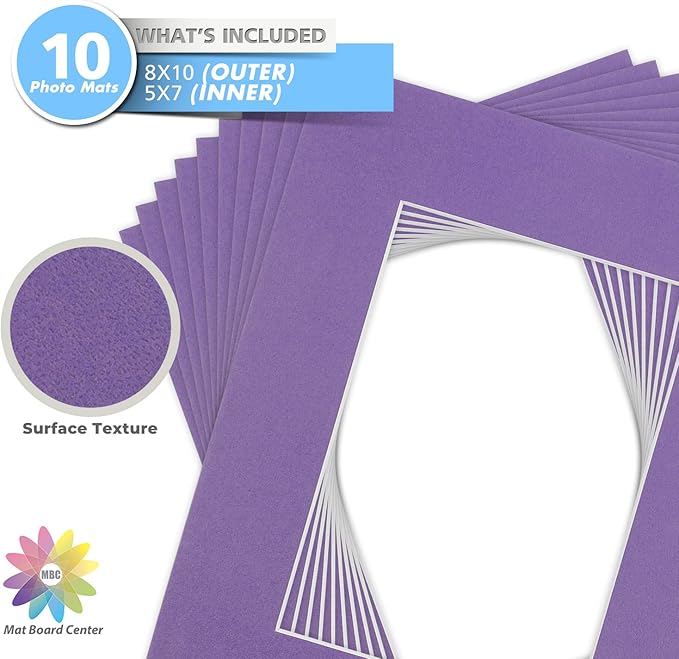 Mat Board Center, Pack of 10, 8x10 for 5x7 Purple Color Mats - Bevel Cut, Acid Free, 4-ply Thickness, White Core - for Pictures, Photos, Framing