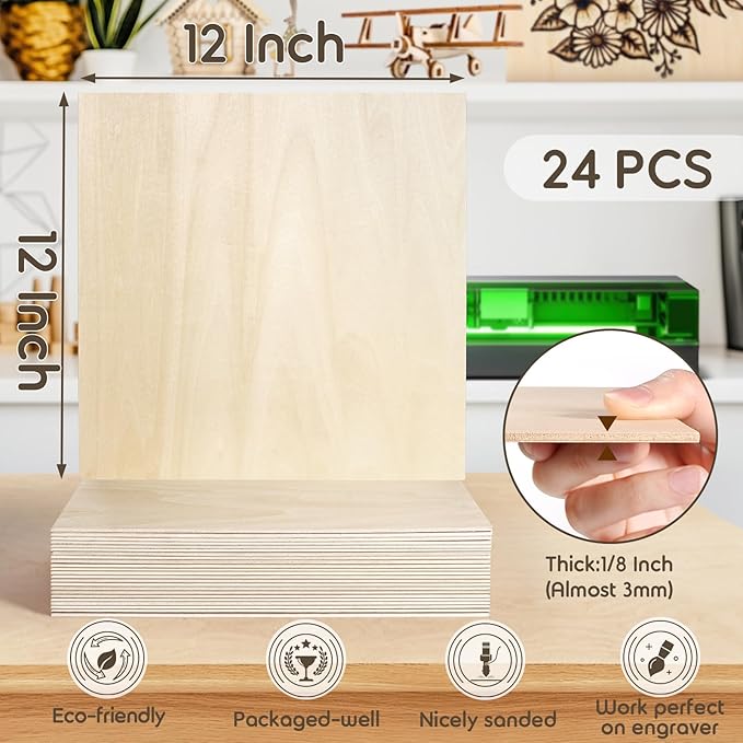24 Pack 12x12x1/8 Inch Basswood Sheets, MAPRIAL Smooth 3mm Plywood for Laser Cutting, Unfinished Wood Board for Engraving, Wood Burning, Painting, Crafts, Ornaments, Models, Cutter, Engraver, Gifts