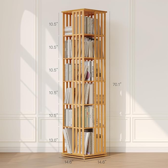 YOWOS Rotating Bookshelf Tower, 360 Display Spinning Bookcase, Bamboo Bookshelf Floor Standing Storage Rack, Wood Narrow Book Shelf Organizer for Kids&Adults(Nature, 6 Tier)